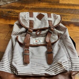Benrus Unisex Rucksack Backpack Grey and White Stripes Brown Leather Trim